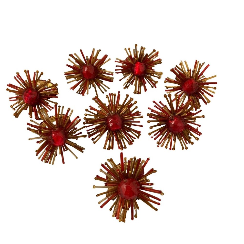 Vintage Atomic Starburst Napkin Rings Red And Gold Beaded Mid Century Modern - 8